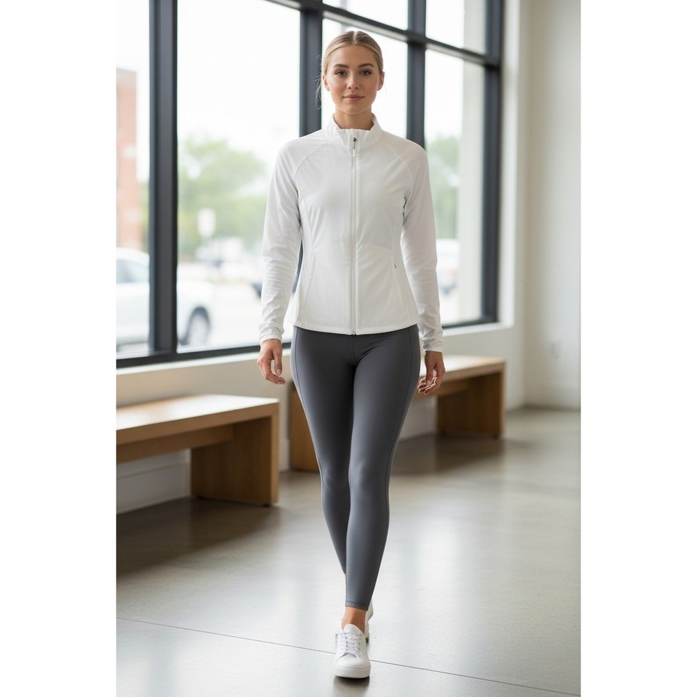 White Lightweight Zip Jacket Womens M Fitted Stretch Athleisure Minimalist